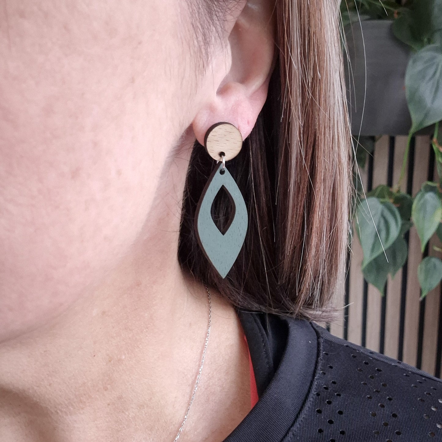 Sage Green Leafy Stud Drops
