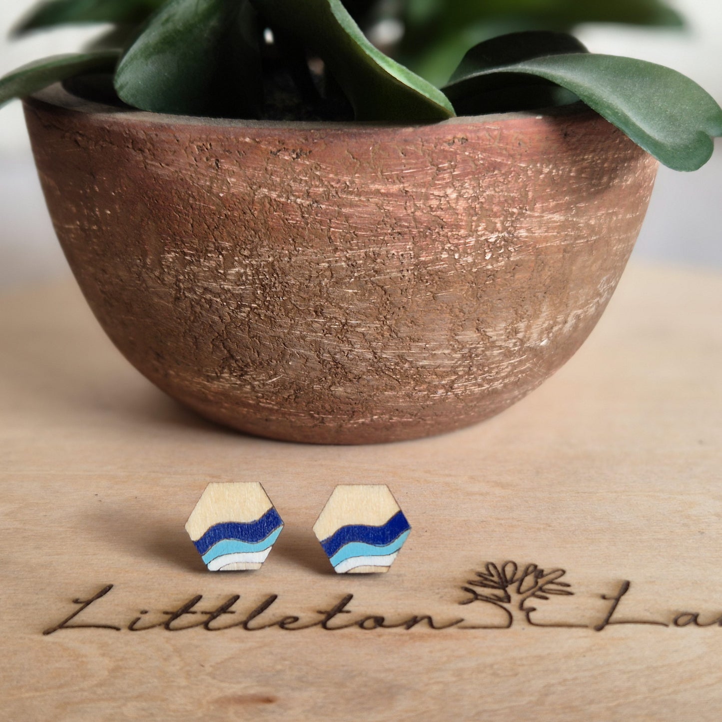 Blue Waves Hexagon Studs