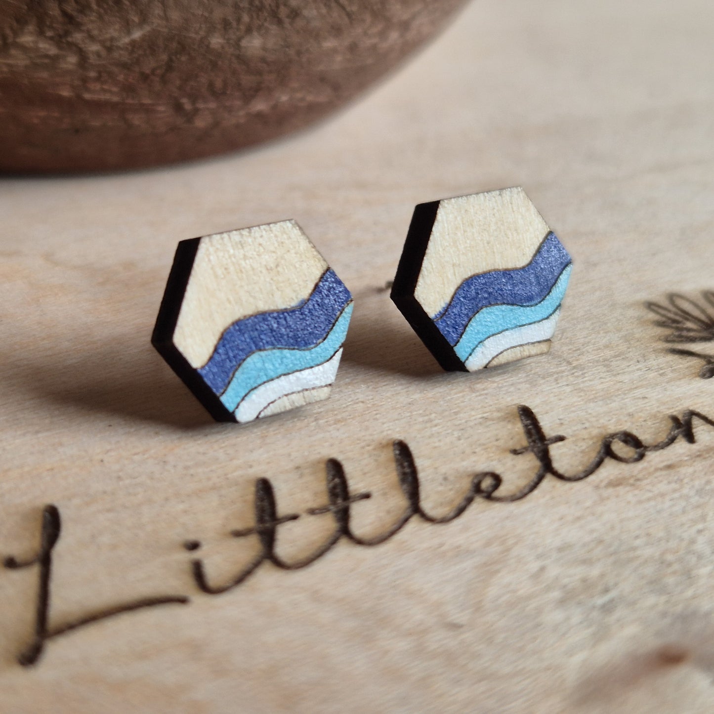 Blue Waves Hexagon Studs