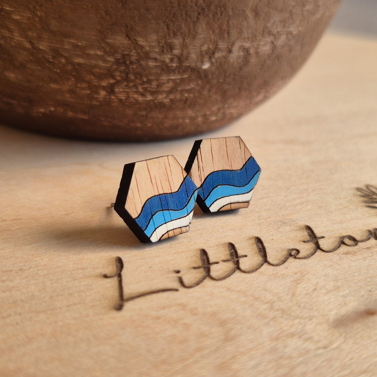 Blue Waves Hexagon Studs