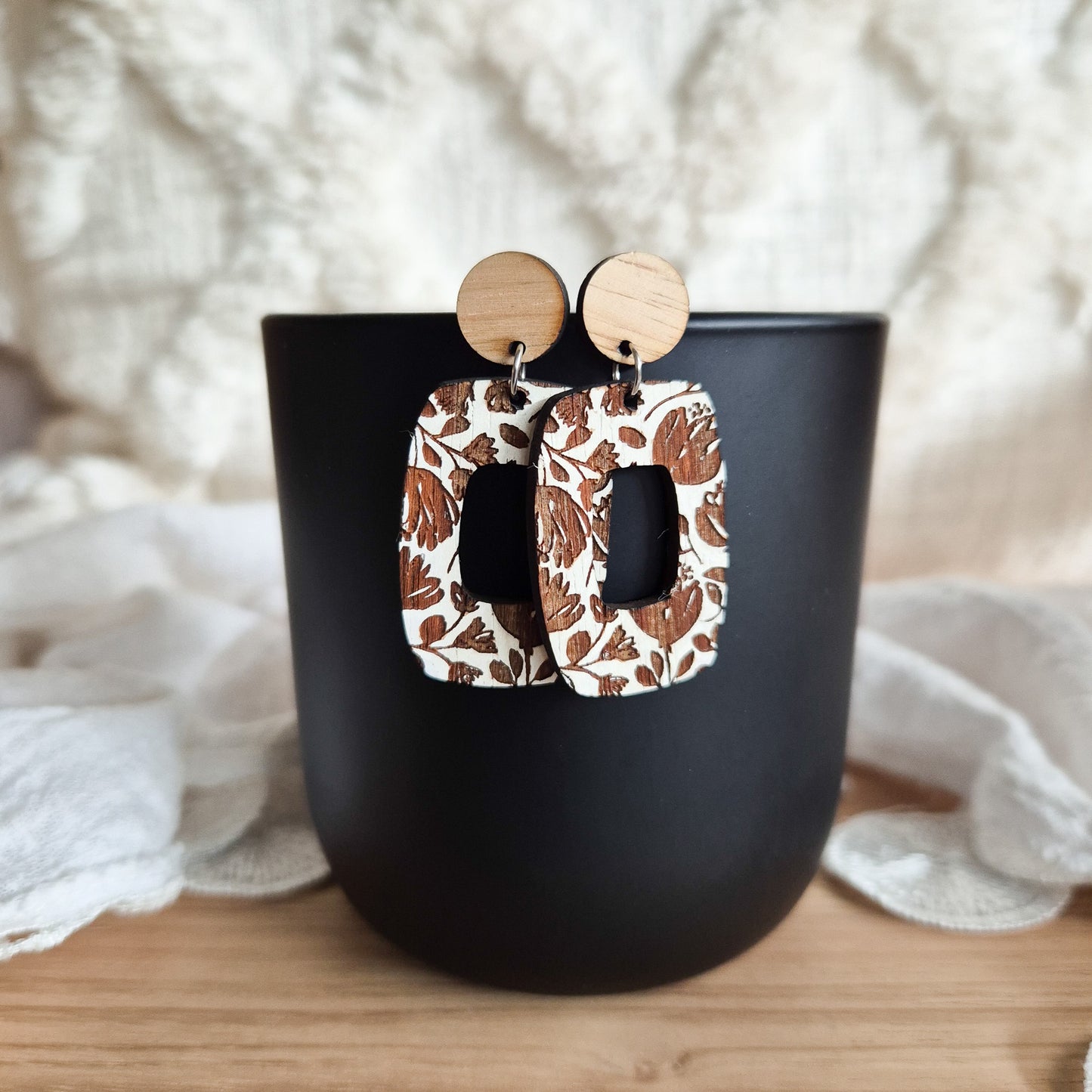 Blackwood and White Organic Floral Stud Drops