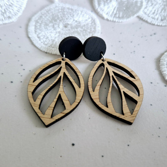 Black Open Leaf Stud Drops