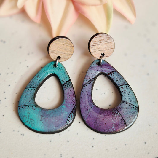 Gel Plate Teardrop Stud Drops (Purple and Turquoise)