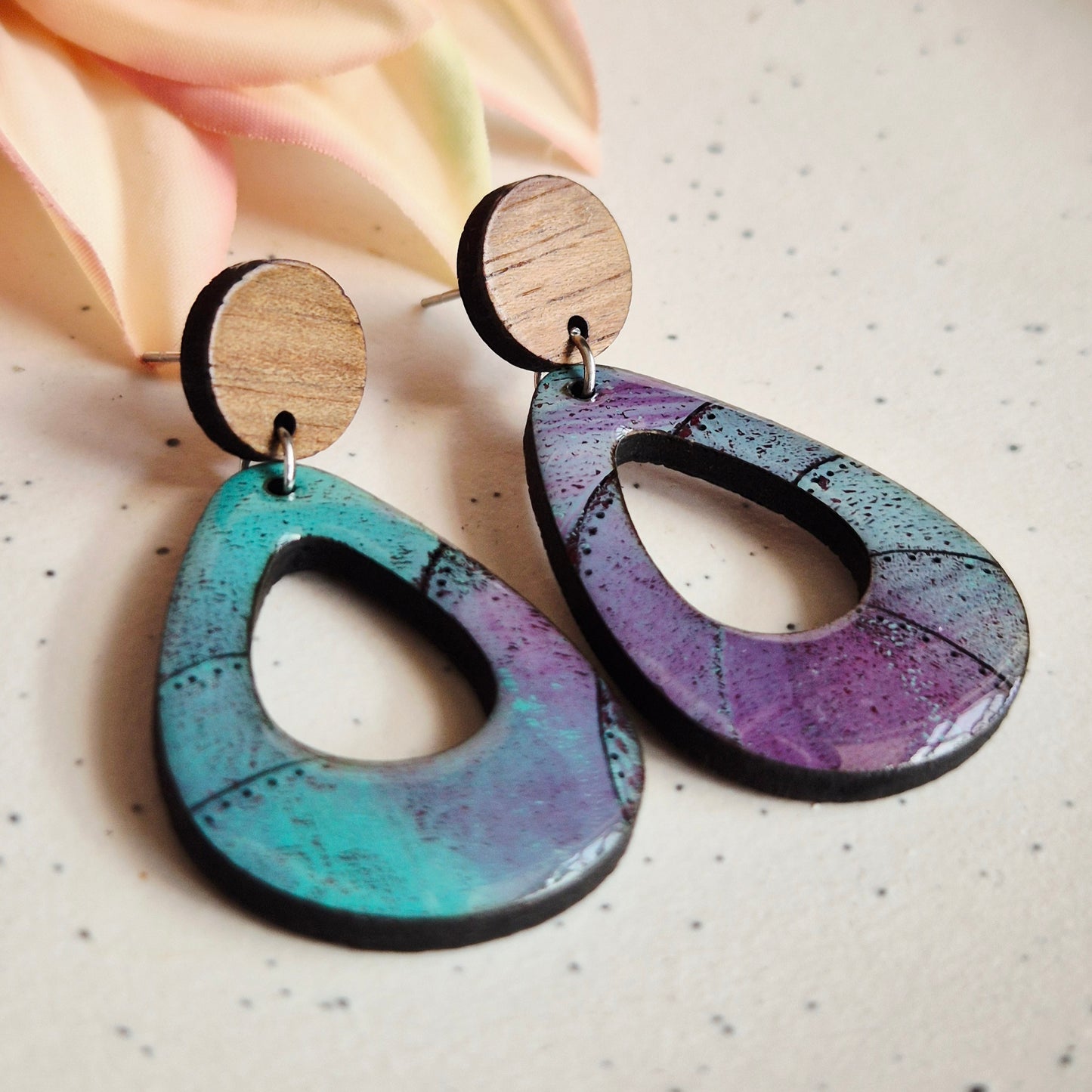 Gel Plate Teardrop Stud Drops (Purple and Turquoise)