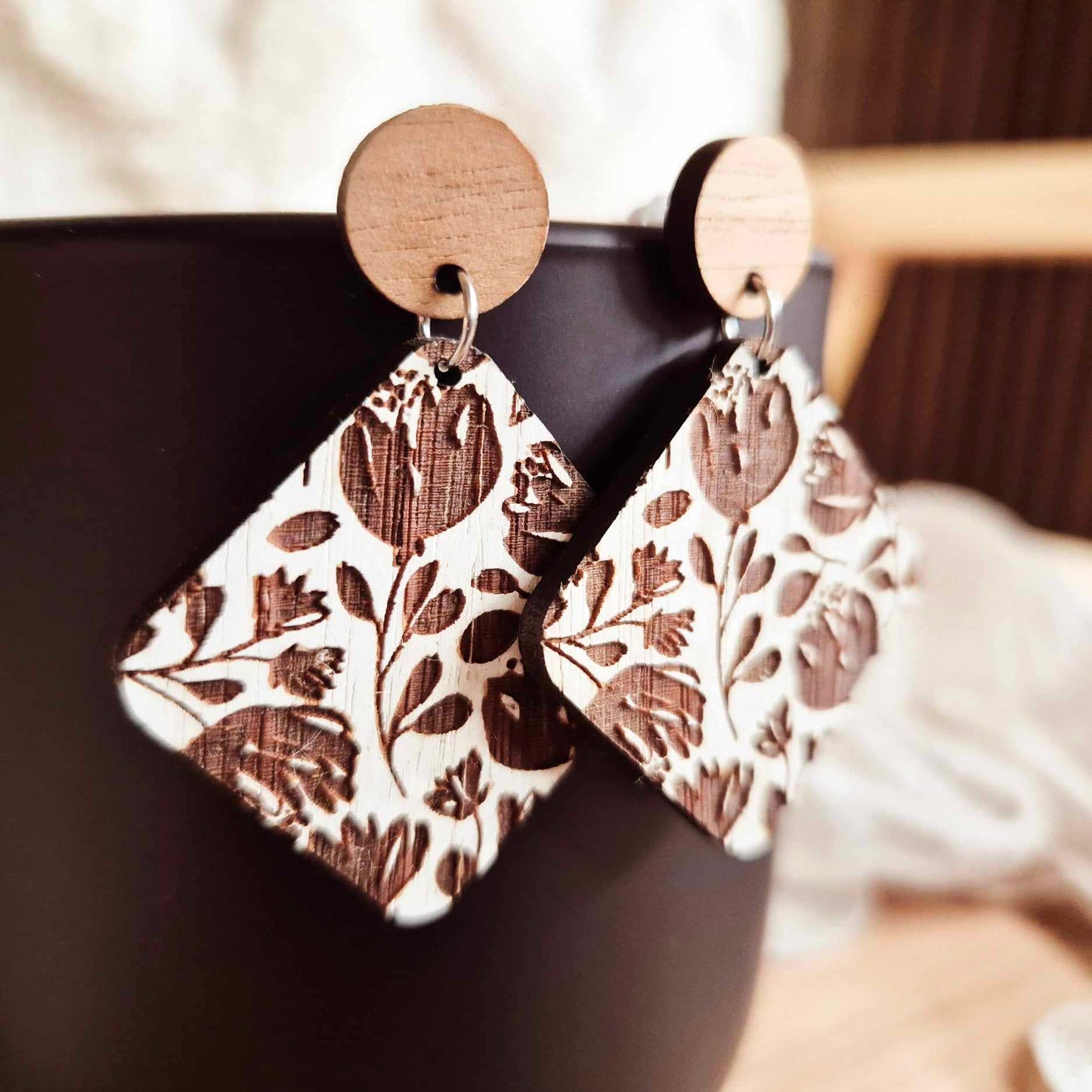 Blackwood and White Floral Stud Drops