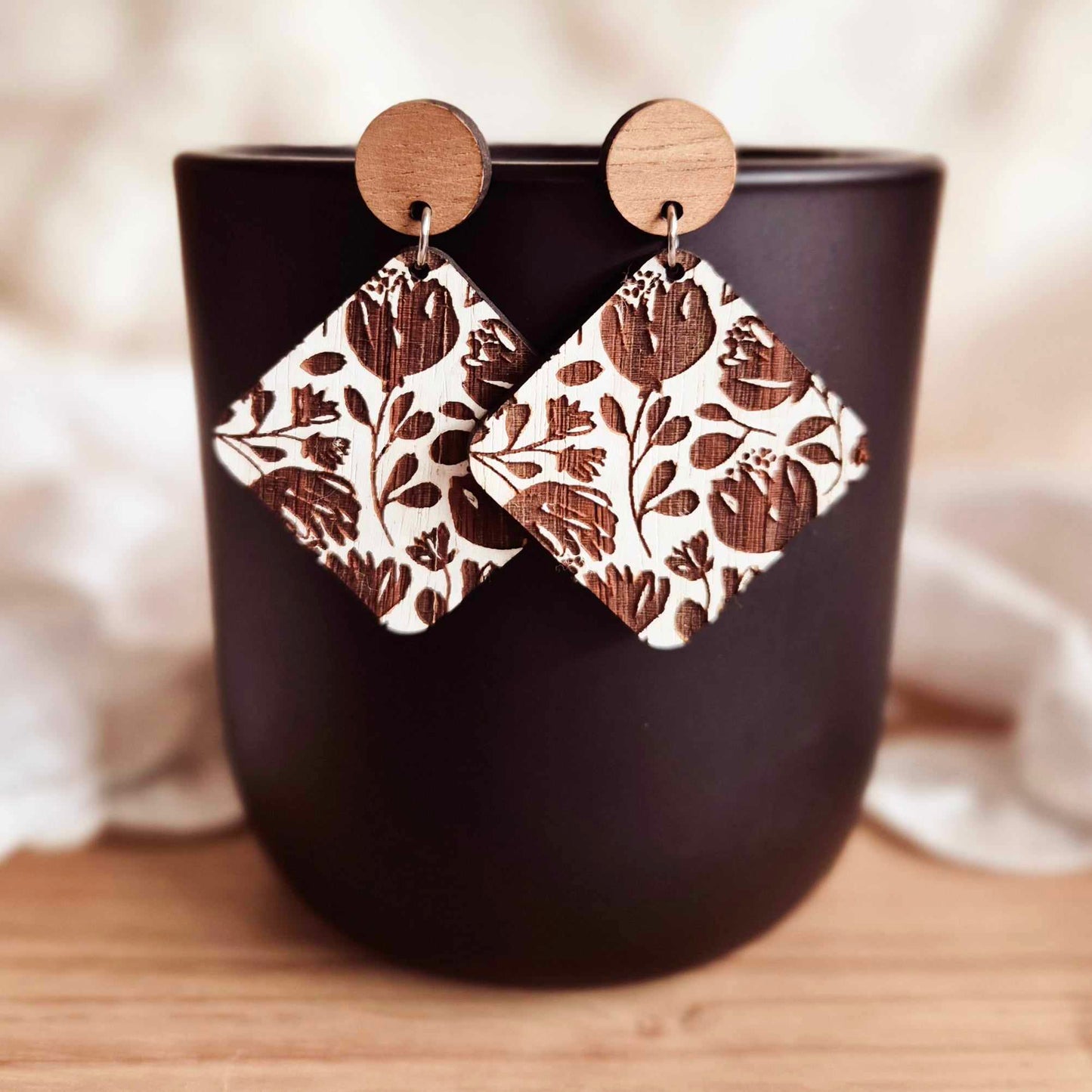 Blackwood and White Floral Stud Drops